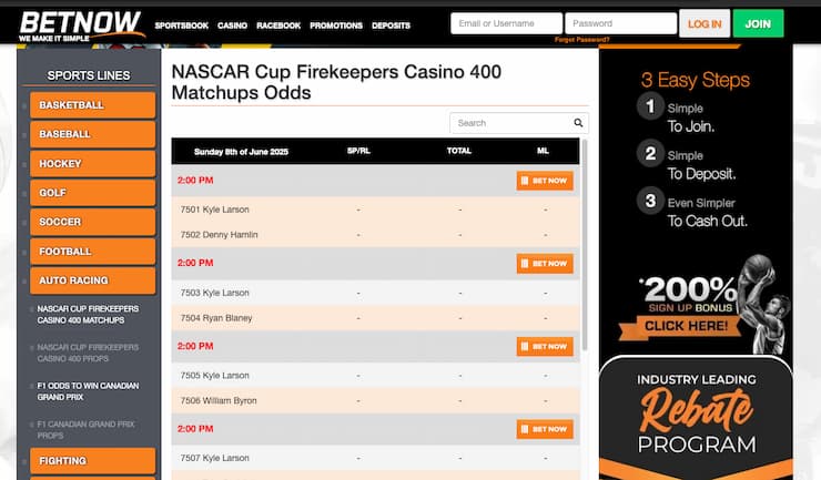 A snapshot of BetNow, one of our top rated NASCAR betting sites.